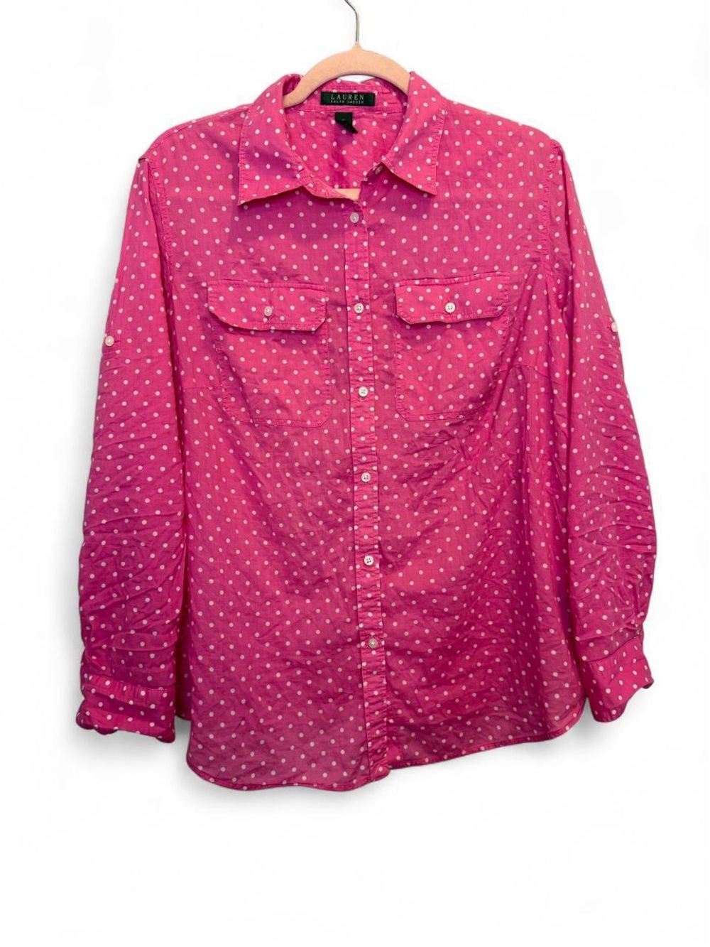 Lauren Ralph Lauren Pink Polka Dot Button Down Shirt Top 1X Barbiecore Preppy
